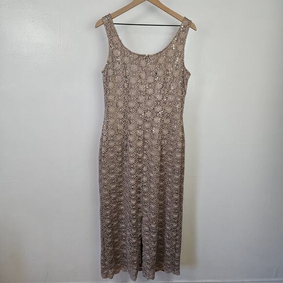 R&M Richards Sequined Lace Sheath‎ Midi Dress 14 Beige Mocha Mother Of The Bride - Picture 9 of 13